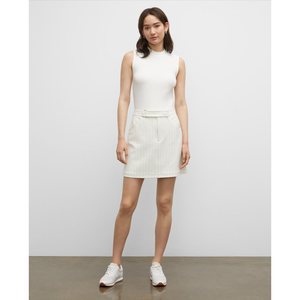 Club Monaco Skirt Women 12 White Striped Mini Suiting Belted Pockets Corp Career